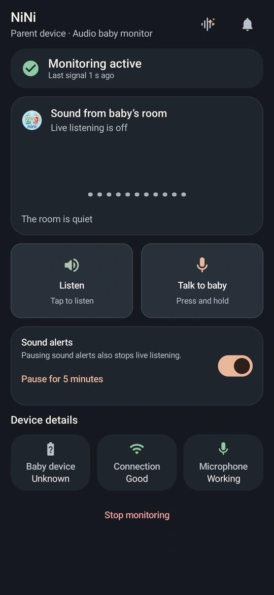 NiNi parent screen: monitoring state, listening, talk-back and sound alerts.