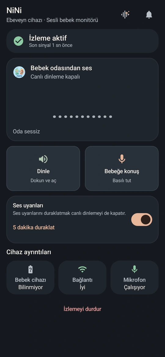 NiNi ebeveyn ekranı: izleme durumu, dinleme, bebeğe konuşma ve ses uyarıları.