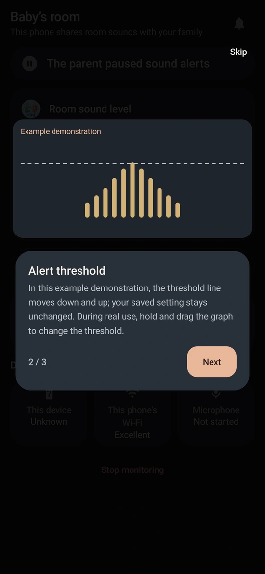 NiNi app tour explaining the sound graph and alert threshold.