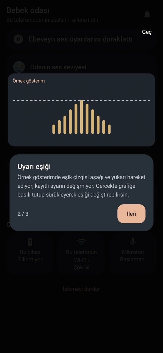 NiNi uygulama turunda ses grafiği ve uyarı eşiği anlatımı.