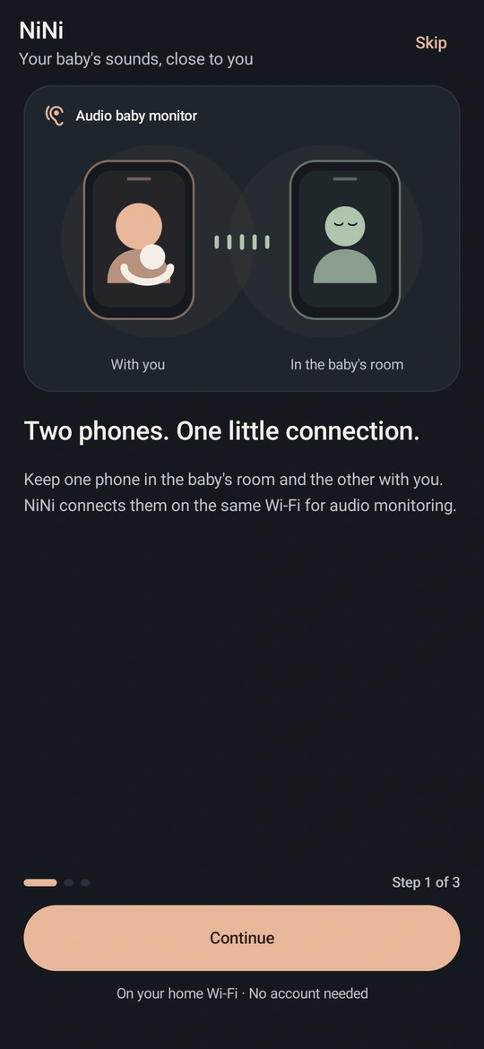 NiNi welcome screen showing the baby and parent phone roles.