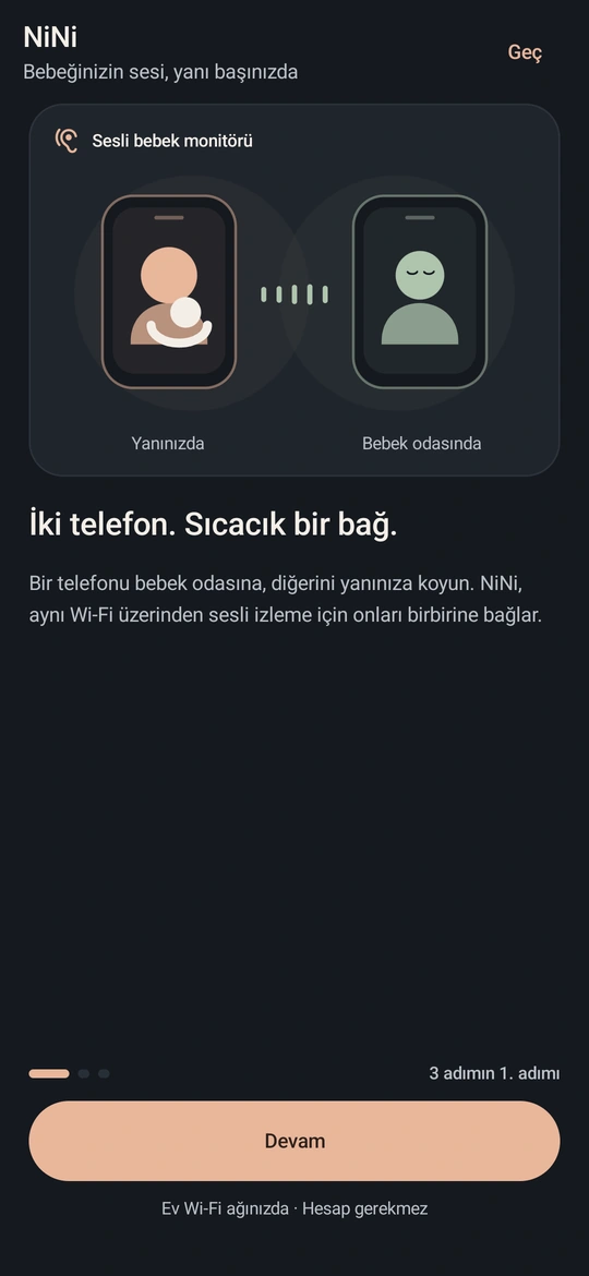 NiNi karşılama ekranı: bebek ve ebeveyn telefonu rolleri.